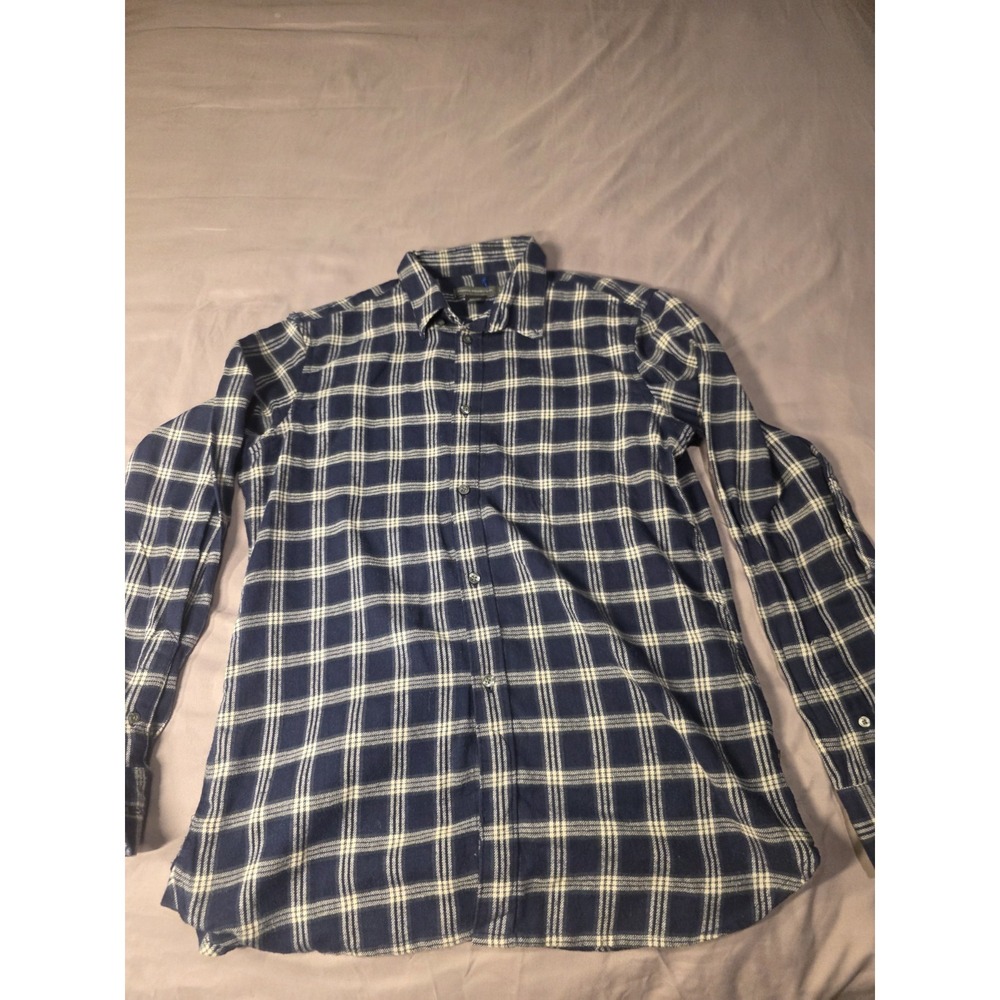 French Connection Men Navy Blue Flanel Plaid Shirt Long Sleeve L Style 52TQB